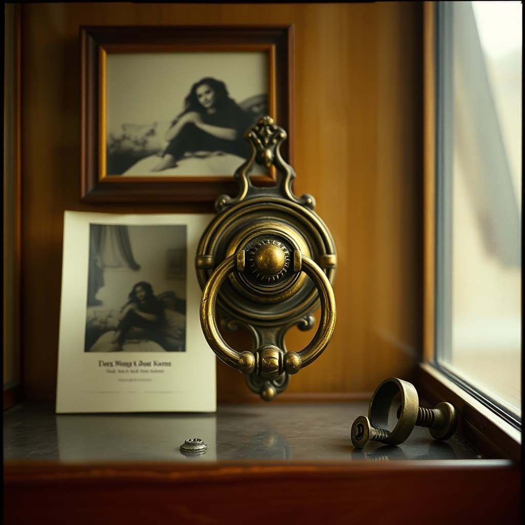 A patinated brass door knocker is displayed beside a photograph of the old doorway it once belonged to