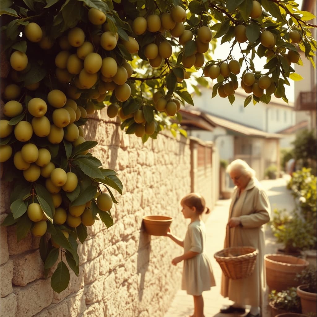 Children ask for green plums from branches hanging over a stone garden wall in an old Turkish neighbourhood