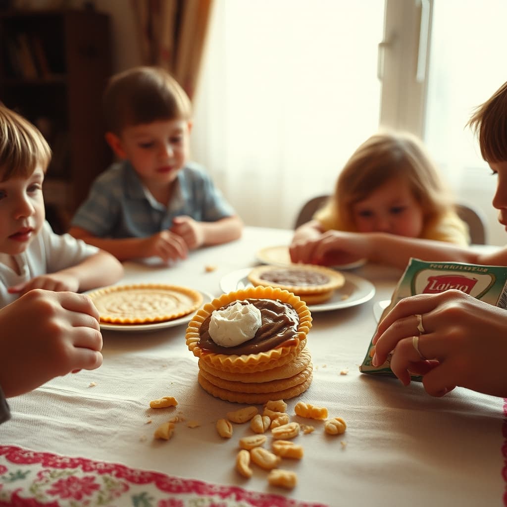A family shares round paper halva wafers with ice cream at a nostalgic summer table