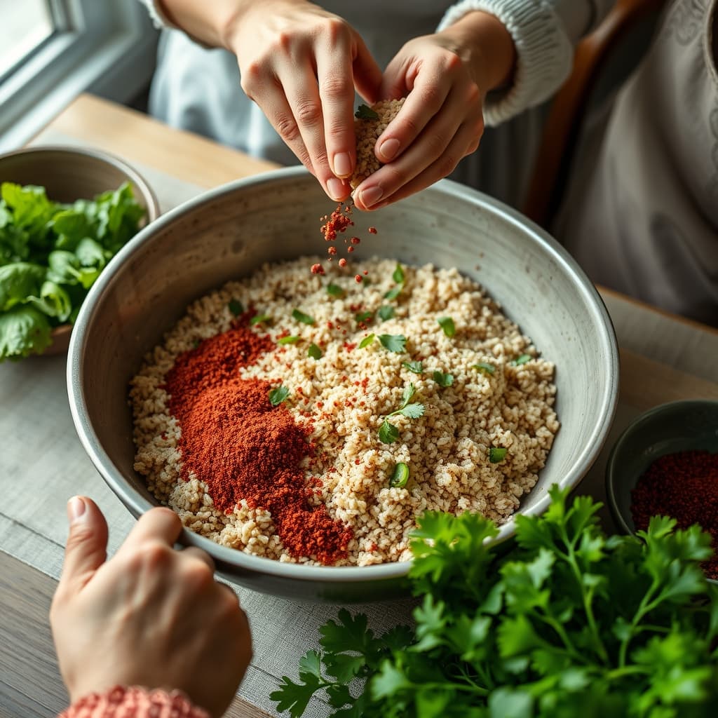 Family hands mixing sumac-seasoned kısır with bulgur and fresh greens in a shared bowl