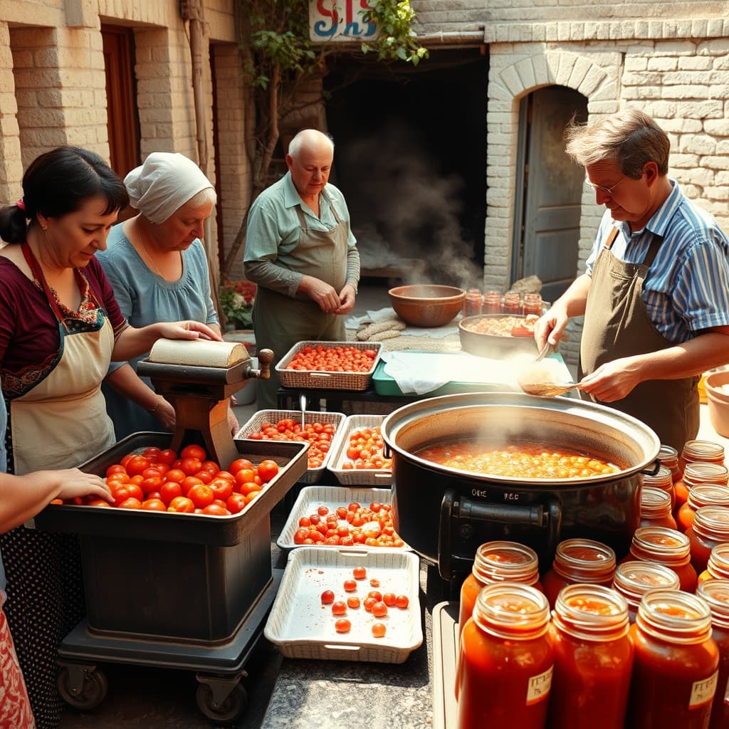 Families wash, mill and safely concentrate ripe tomatoes for homemade paste in a shared 1970s courtyard