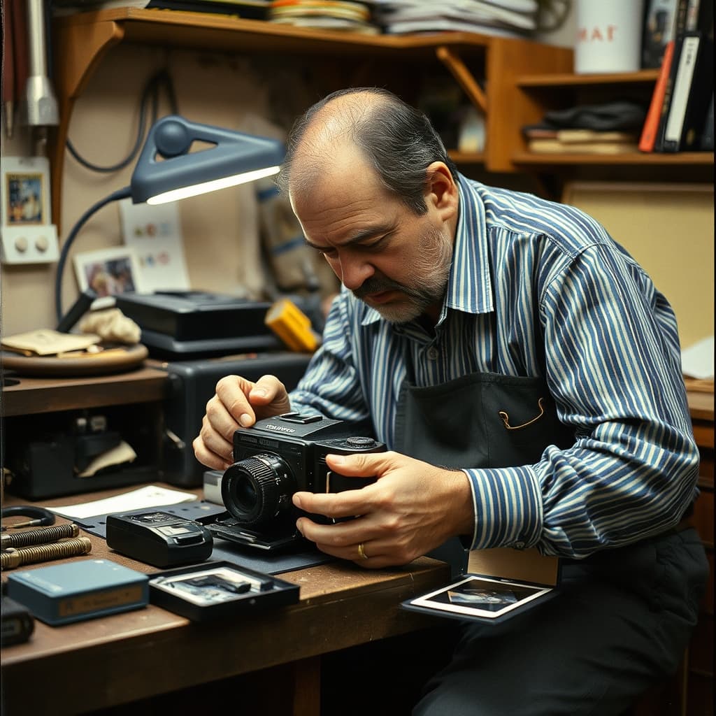 A camera repairer inspecting the rollers and bellows of a vintage instant camera at a workshop bench