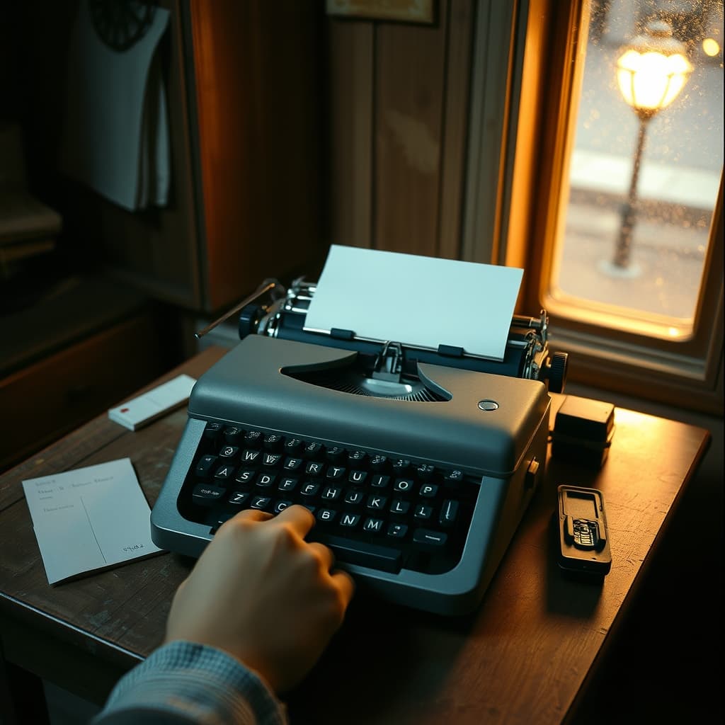 Hands aligning carbon paper in a vintage mechanical typewriter beside an ink ribbon and correction tools