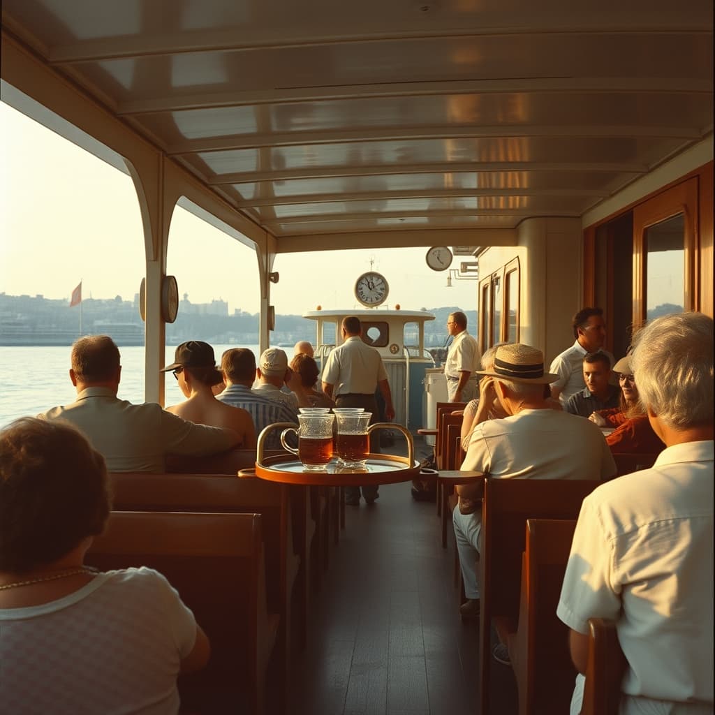 Passengers drink tea on the wooden deck of a 1960s Turkish city ferry as crew prepare the next landing