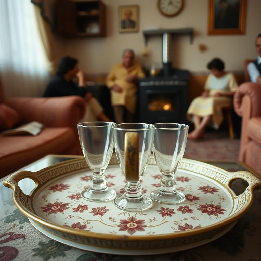 A worn patterned tea tray with tea glasses and a repaired handle in a nostalgic family sitting room