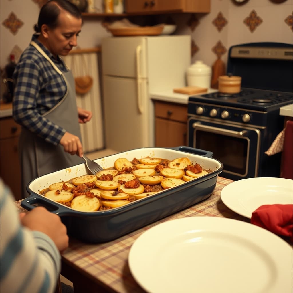 A layered potato oturtma baking in a wide enamel tray in a nostalgic family kitchen