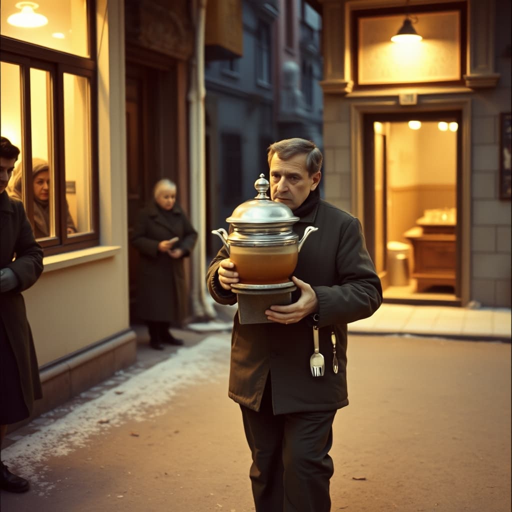 A boza vendor carrying a covered drink container along a nostalgic winter street beneath lit windows