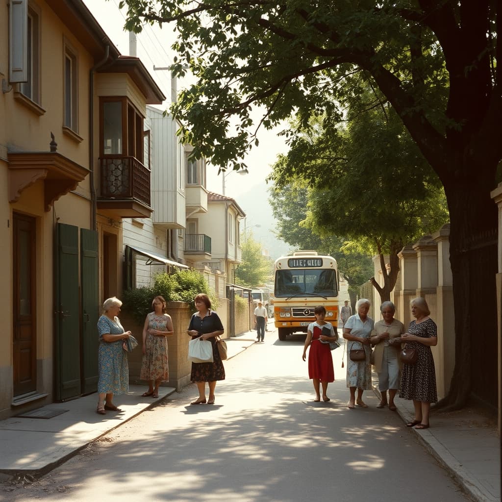 Families and neighbours coordinating a Sunday outing beneath a plane tree on a nostalgic summer street