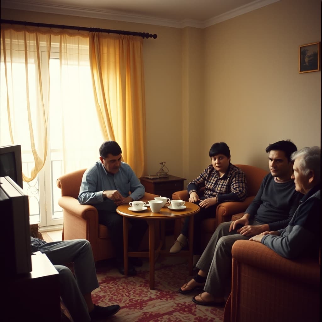 A family pauses around the tea table as a pager sounds in a late 1980s sitting room