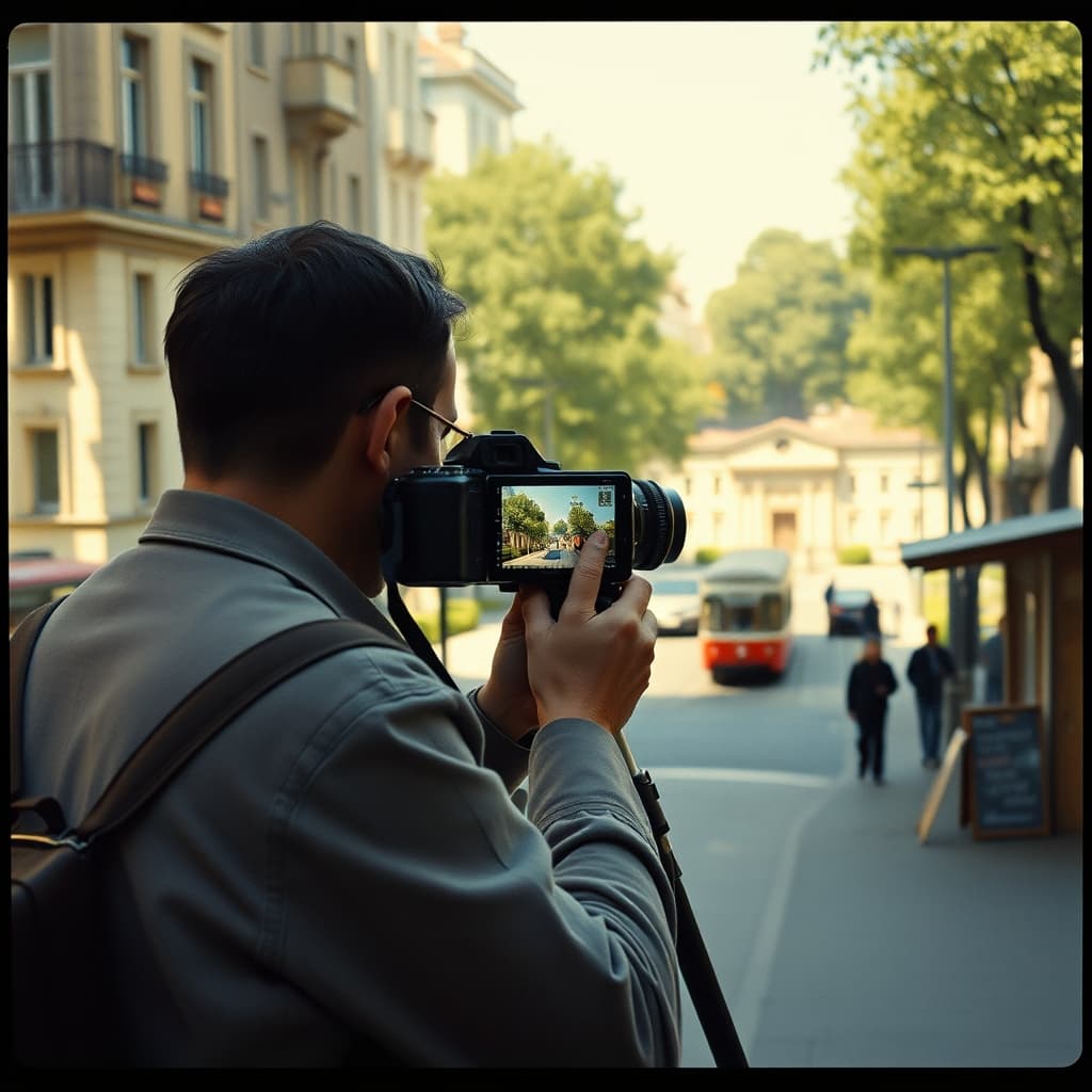A 1950s city photographer frames a sunlit Turkish boulevard with a tripod camera for a postcard view