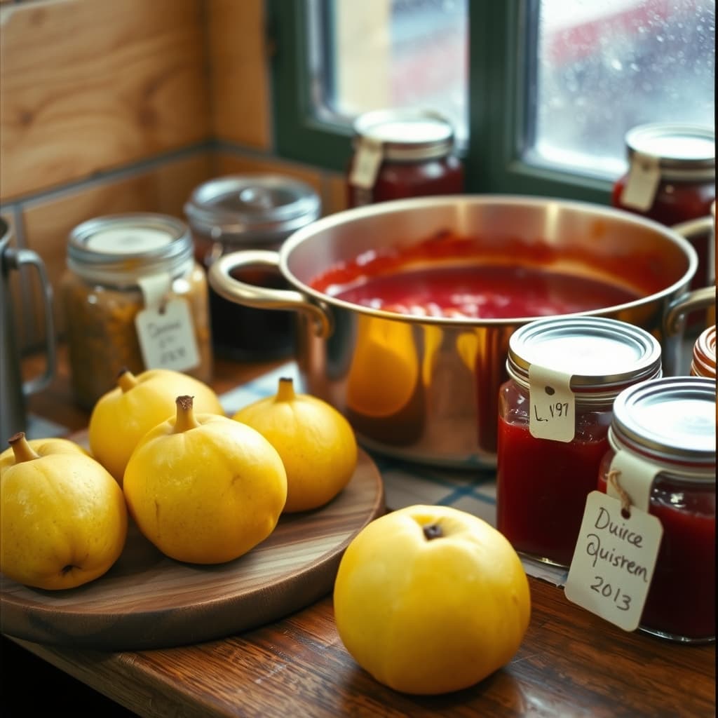 Ruby quince jam cooking beside cut yellow quinces and clean preserving jars in a nostalgic kitchen