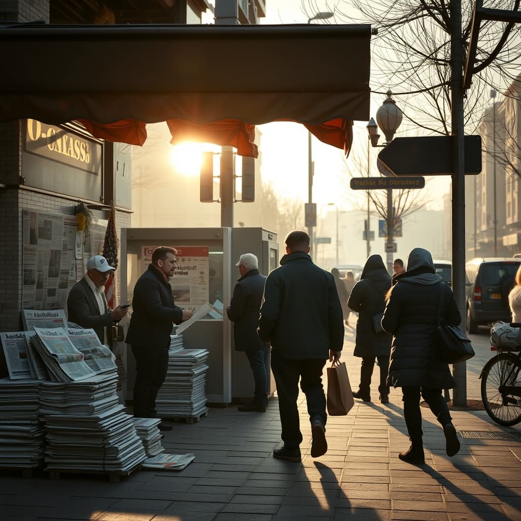 A newspaper kiosk owner arranging morning papers beneath a faded awning as commuters approach