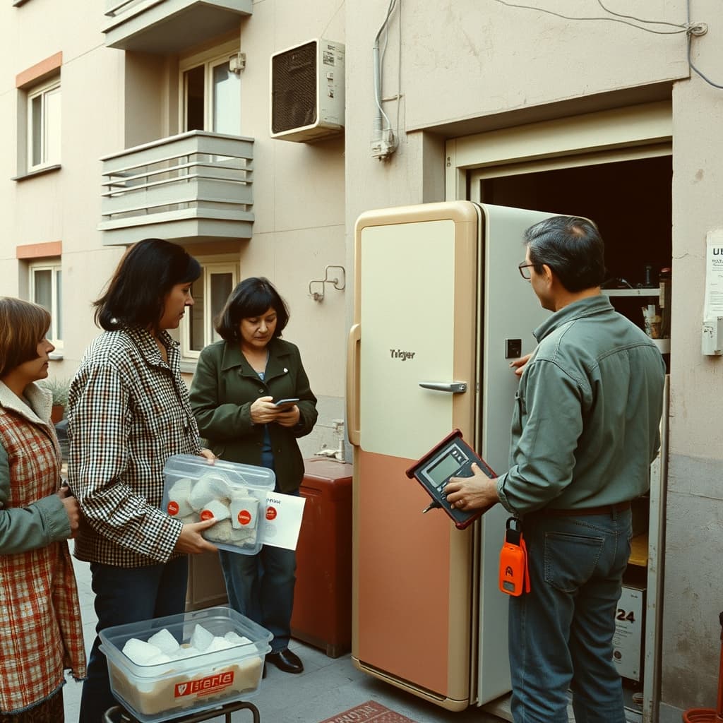 A qualified repairer tests a vintage refrigerator safely while apartment neighbours protect food in labelled containers