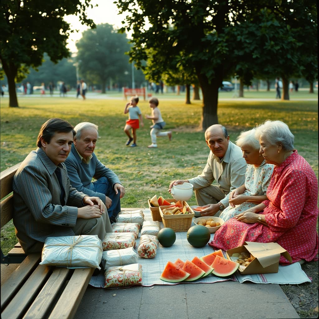A family sharing watermelon and picnic food beside wooden benches in a nostalgic Turkish city park