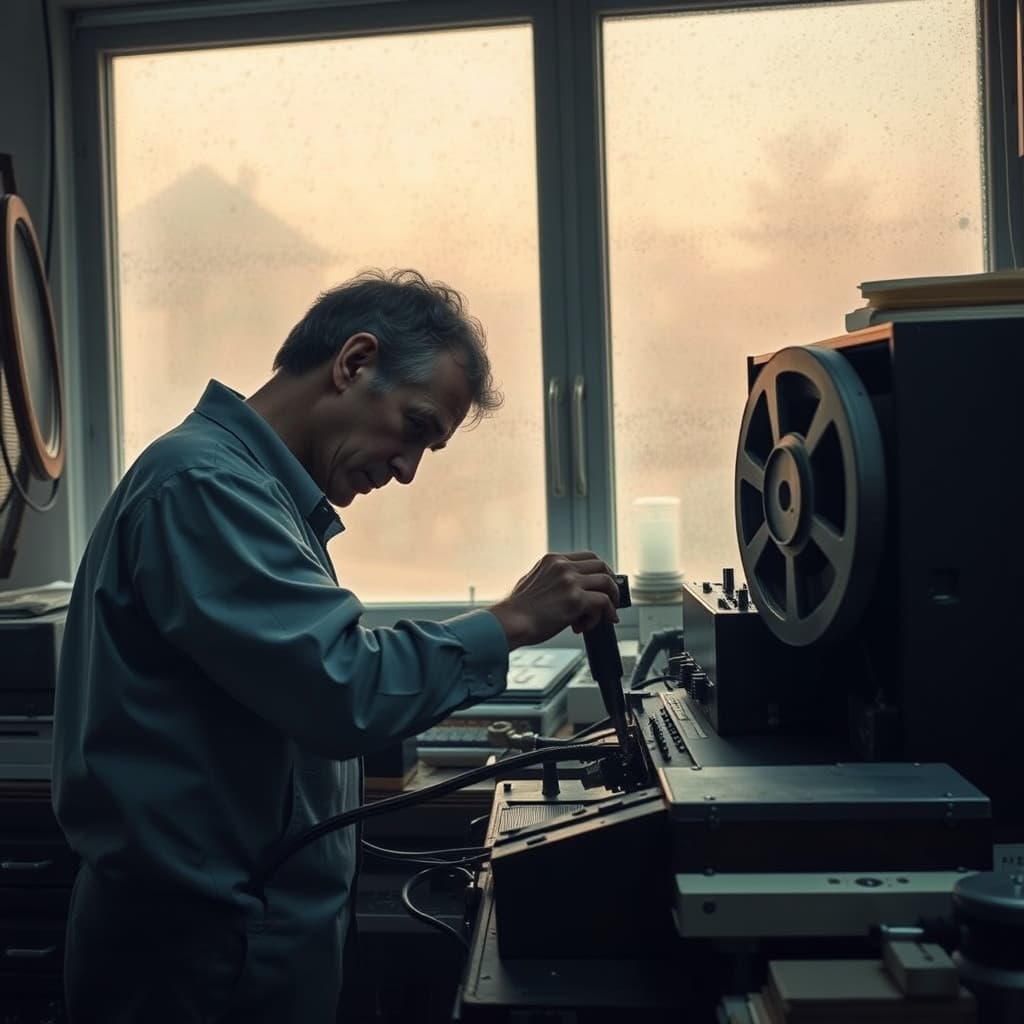 A technician carefully inspecting the tape path and controls of an analogue sound recorder