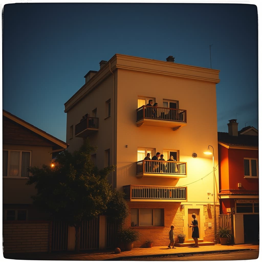 An early apartment building among low neighbourhood houses with residents sharing balconies and the entrance at night