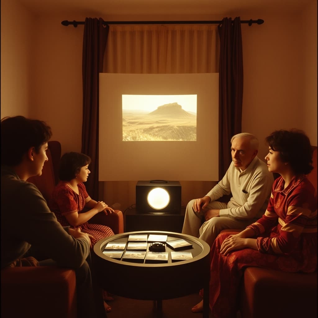 A family watches a glowing travel slide projected safely onto a sitting-room wall in the 1970s