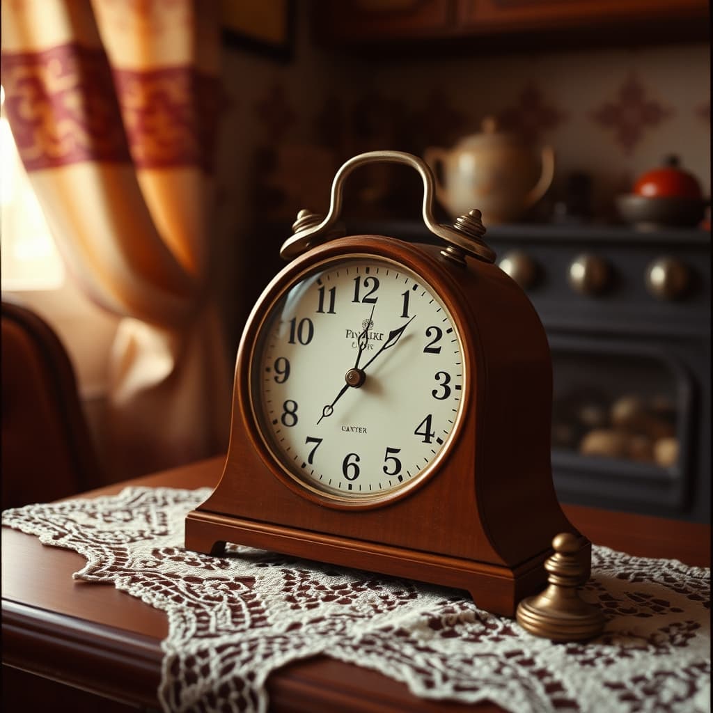 A wind-up clock with its key rests in the familiar corner of a stove-warmed grandmother's sitting room