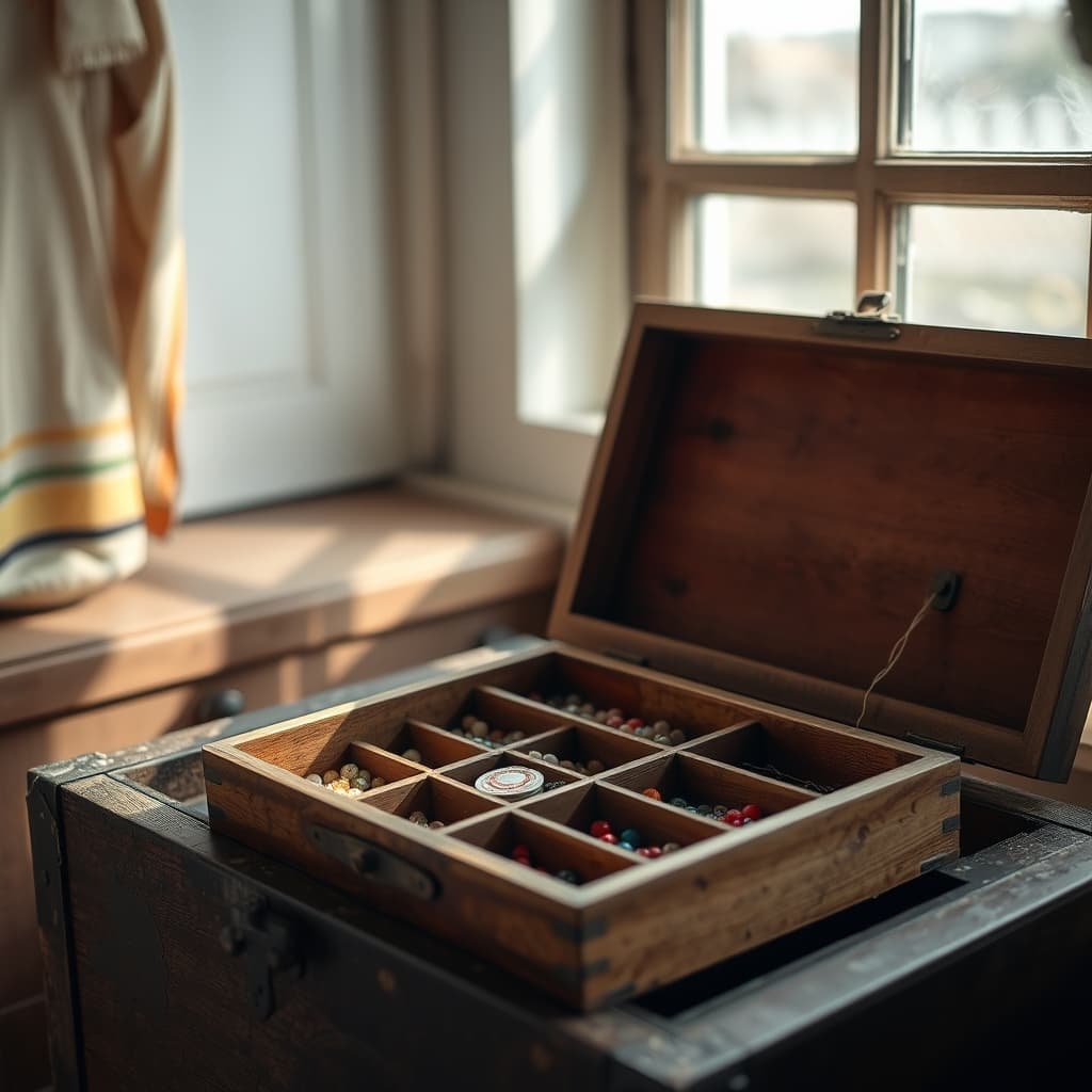 An old wooden sewing box open inside a chest with thread, buttons and small mending tools in its compartments