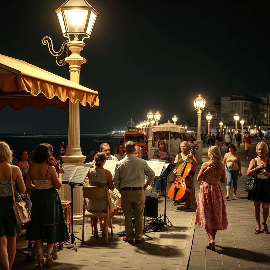 A summer orchestra performing beside a seaside promenade as families and evening walkers listen