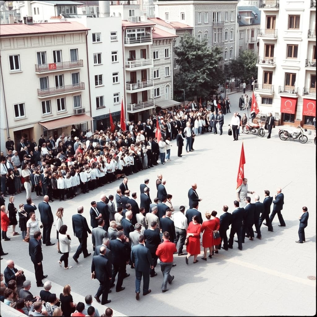 School groups, a marching band and residents gather along an organised civic ceremony route in a 1960s Turkish city square