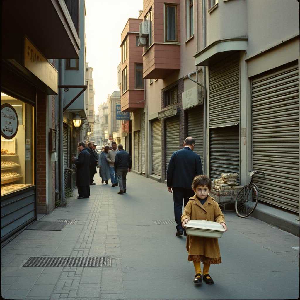 A child carrying a covered dish past a bakery queue on a neighbourhood street shortly before iftar