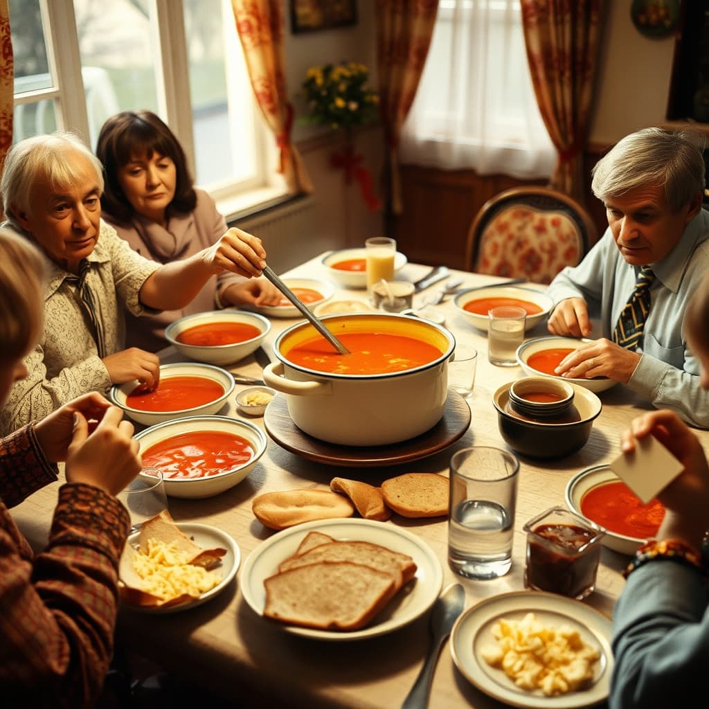 Home-style tomato soup being served from an enamel pot at a crowded family table