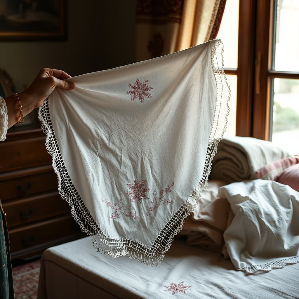 A carefully embroidered handkerchief unfolded beside wrapped textiles in a traditional dowry room