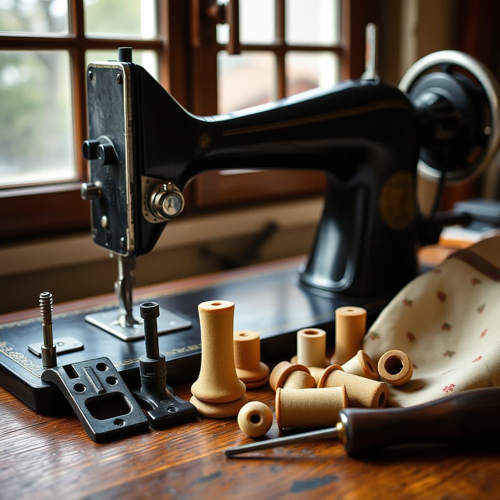 Vintage presser feet, bobbins and fabric samples beside an old sewing machine in a dressmaker's room
