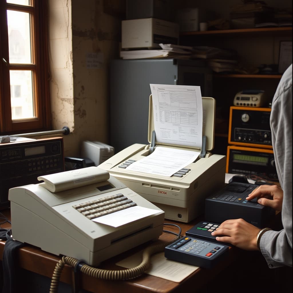 A technician cleaning the rollers of an opened vintage fax machine beside a fragile thermal print