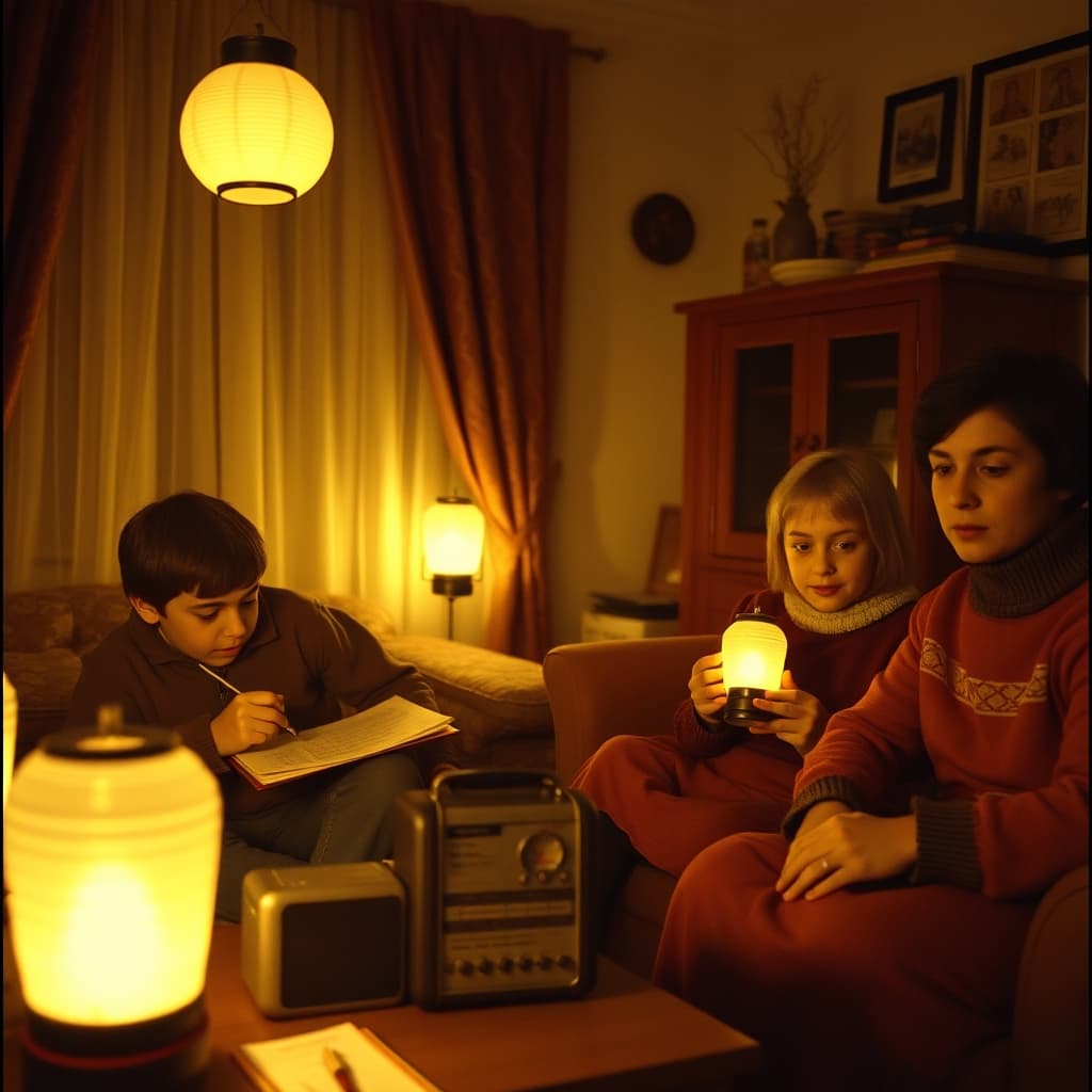 A family gathers safely during a winter power cut under battery lanterns beside a written emergency plan