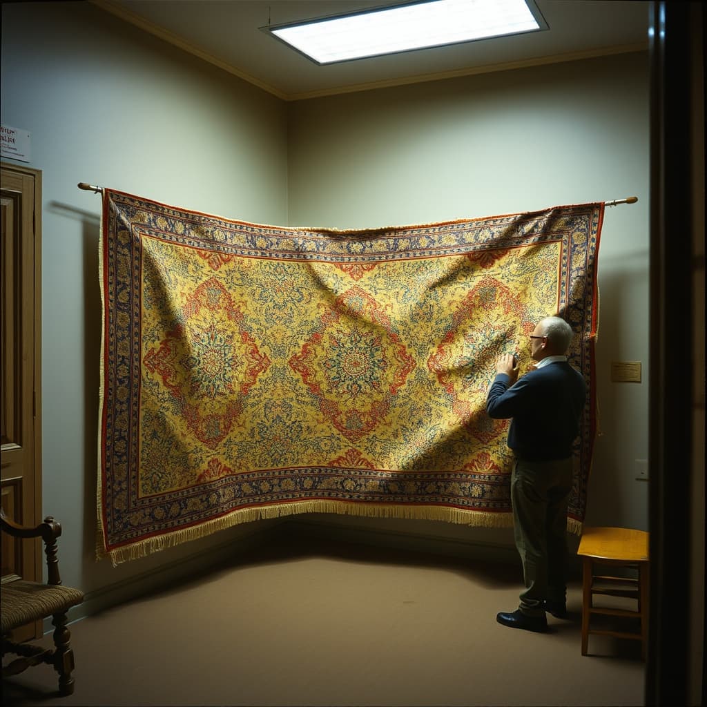 A conservator examines an inherited wall carpet on a broad weight-distributing hanging support