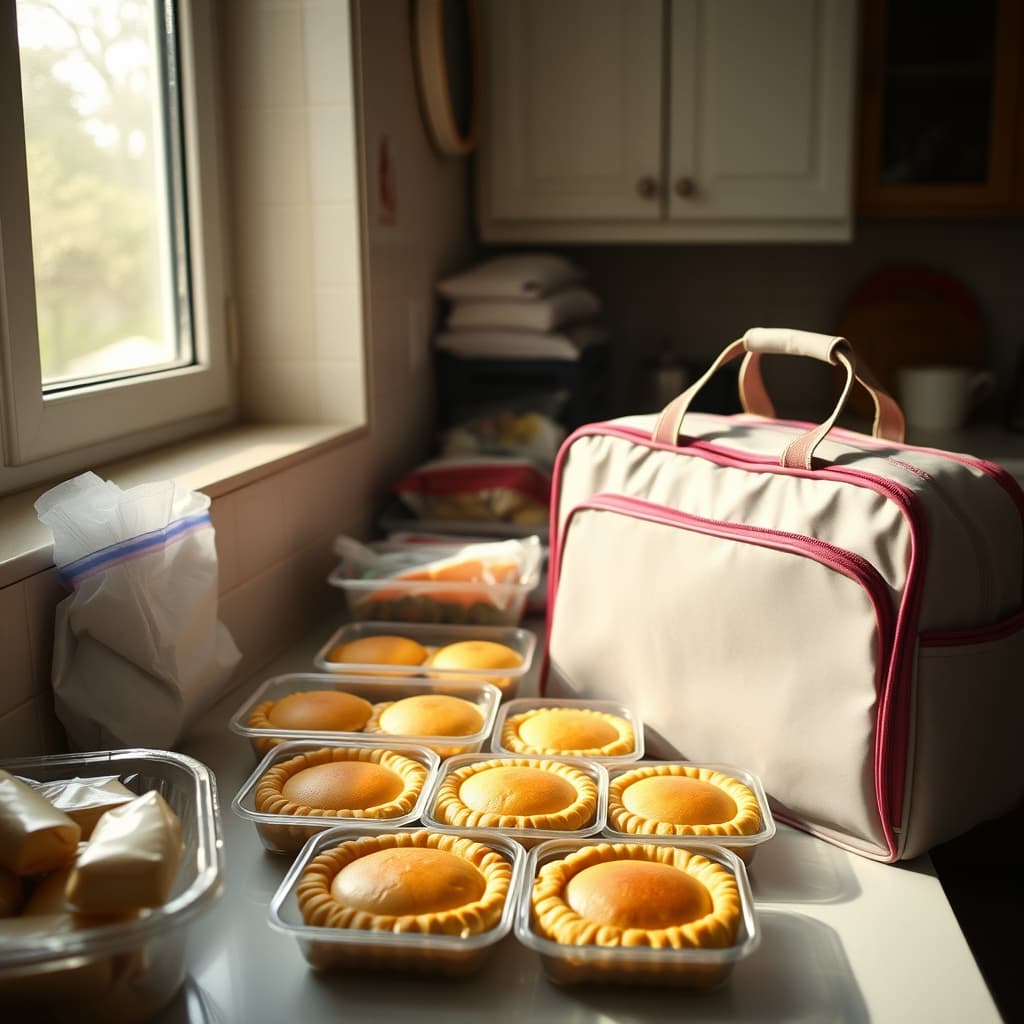 Fresh tray börek is portioned safely into shallow containers beside an insulated carrying bag