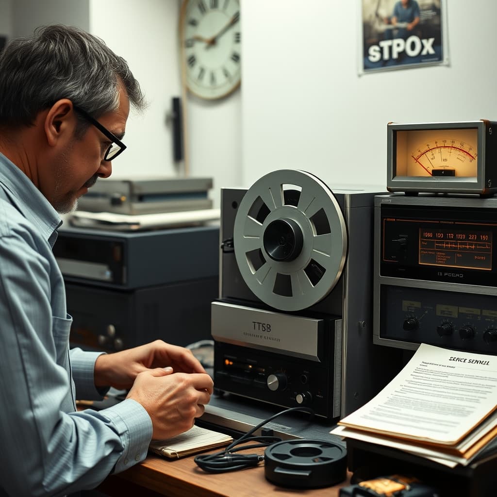 A specialist inspects a reel-to-reel tape path with a service manual and expendable test reel