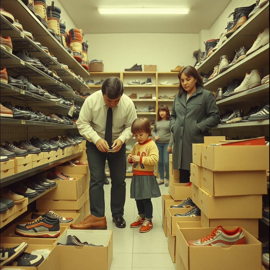A neighbourhood shopkeeper carefully measures a child's feet before fitting holiday shoes