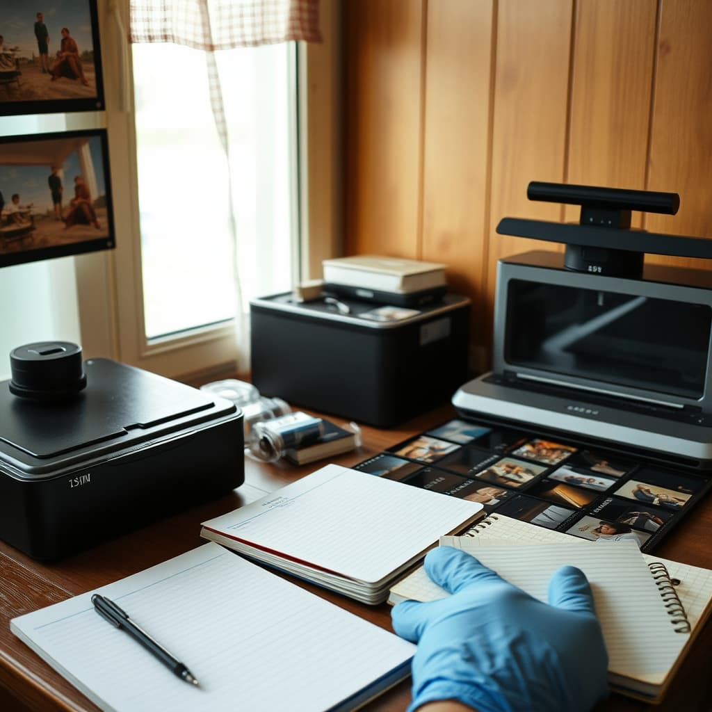 Mounted family slides are digitised in their original numbered order beside a film scanner