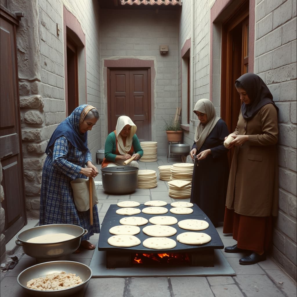 Neighbours coordinate rolling, griddle baking, and stacking during a communal courtyard yufka morning