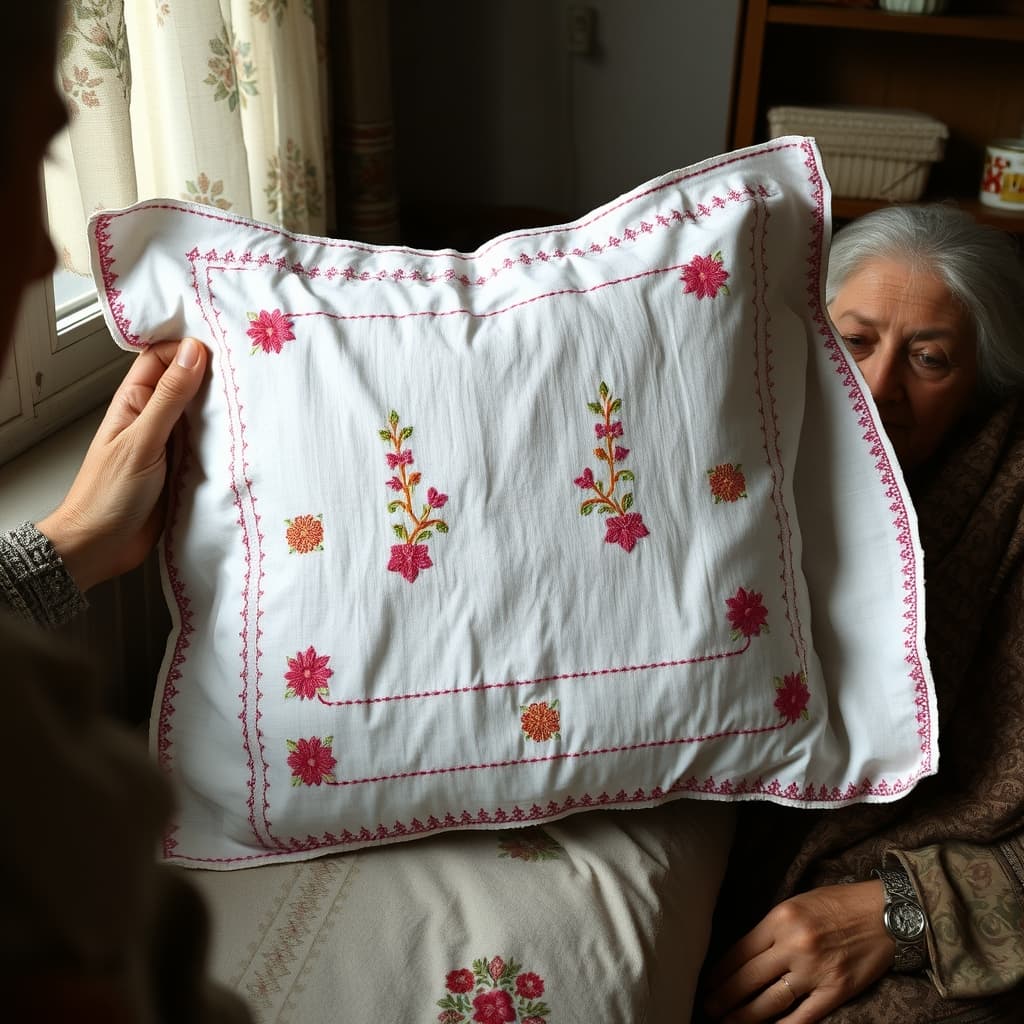 Two generations document the stitching, repairs, and family label of an embroidered pillowcase