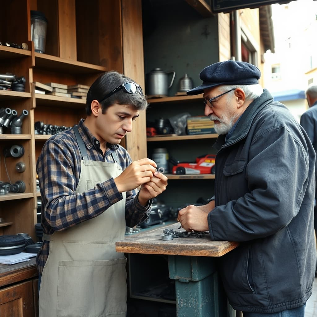 An apprentice compares a small fastening with a shopkeeper at a wooden hardware counter.