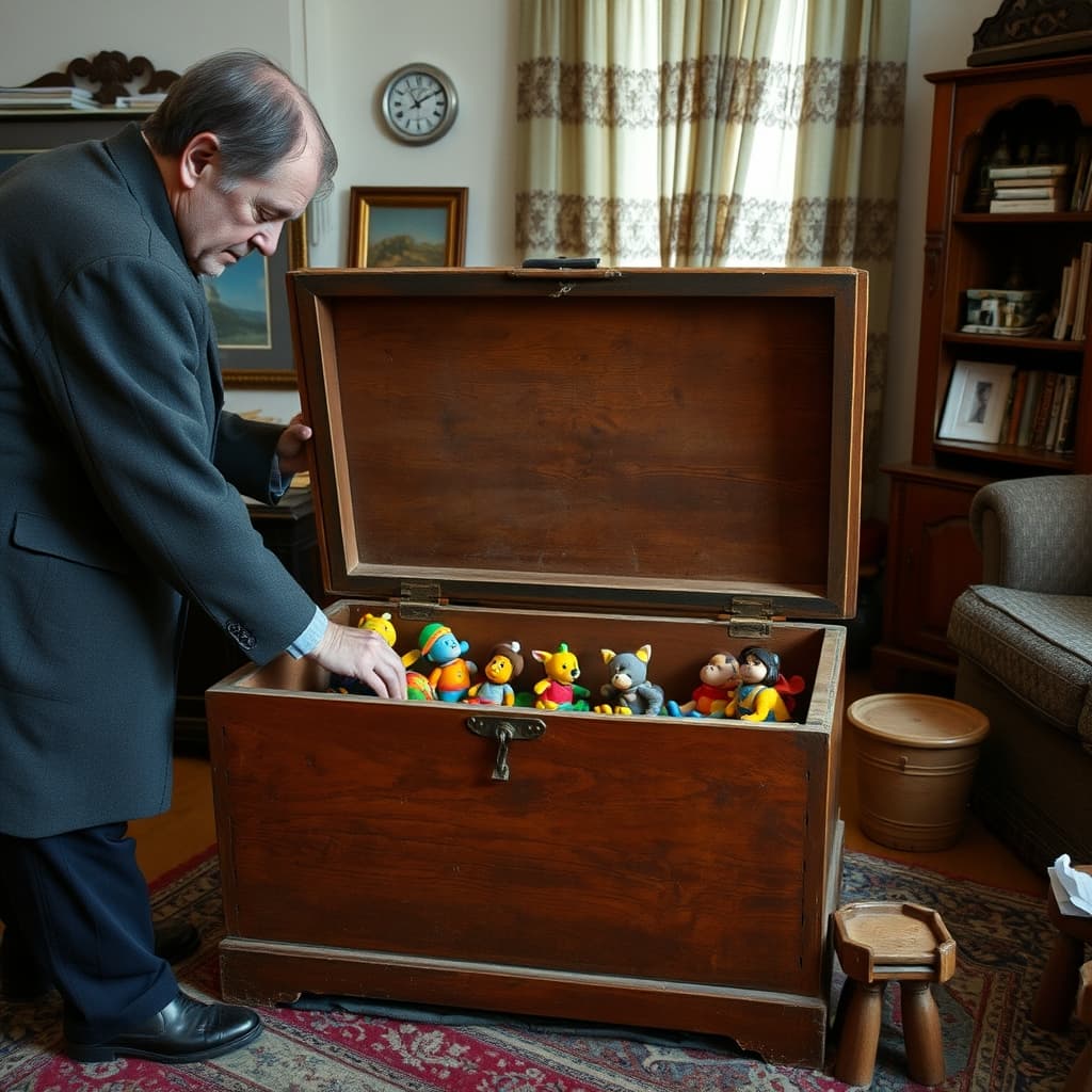 A conservator examines the secured lid and painted surface of an old wooden toy chest