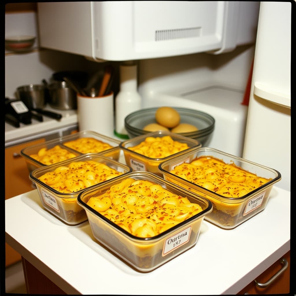 Fresh potato oturtma is divided into shallow labelled containers for safe cooling after the family meal