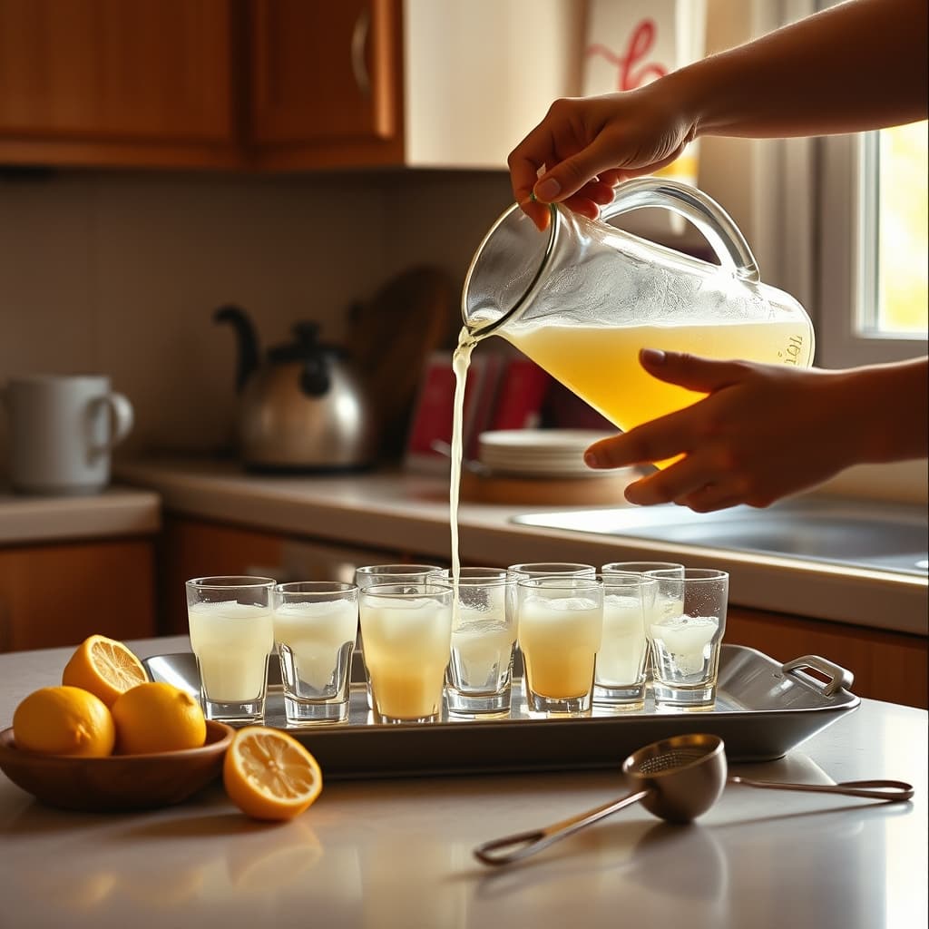 Hands pour homemade lemonade into small glasses on a tray beside cut lemons and a strainer.