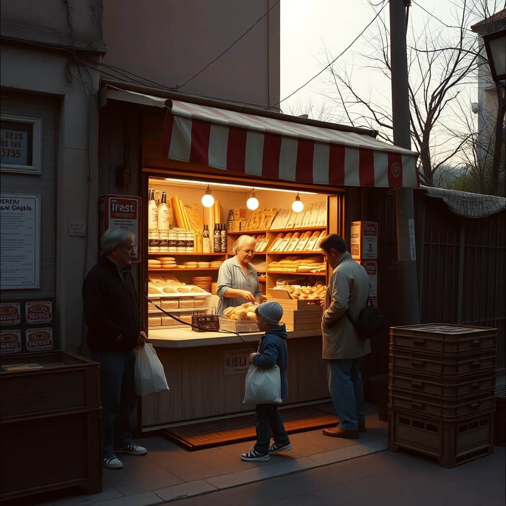 Neighbours stop at a warmly lit local grocery counter on a spring evening