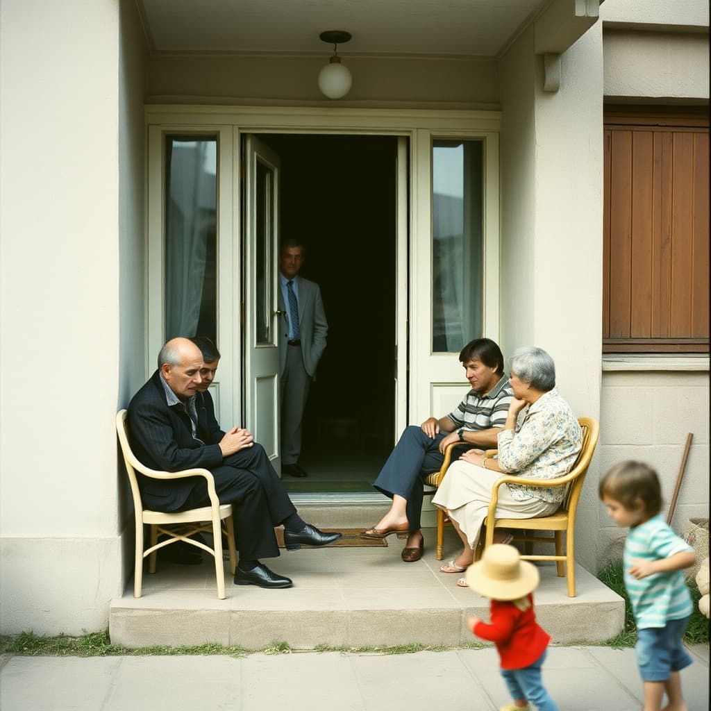 Neighbours hold a relaxed doorstep conversation on mismatched chairs while a resident stands at the doorway.