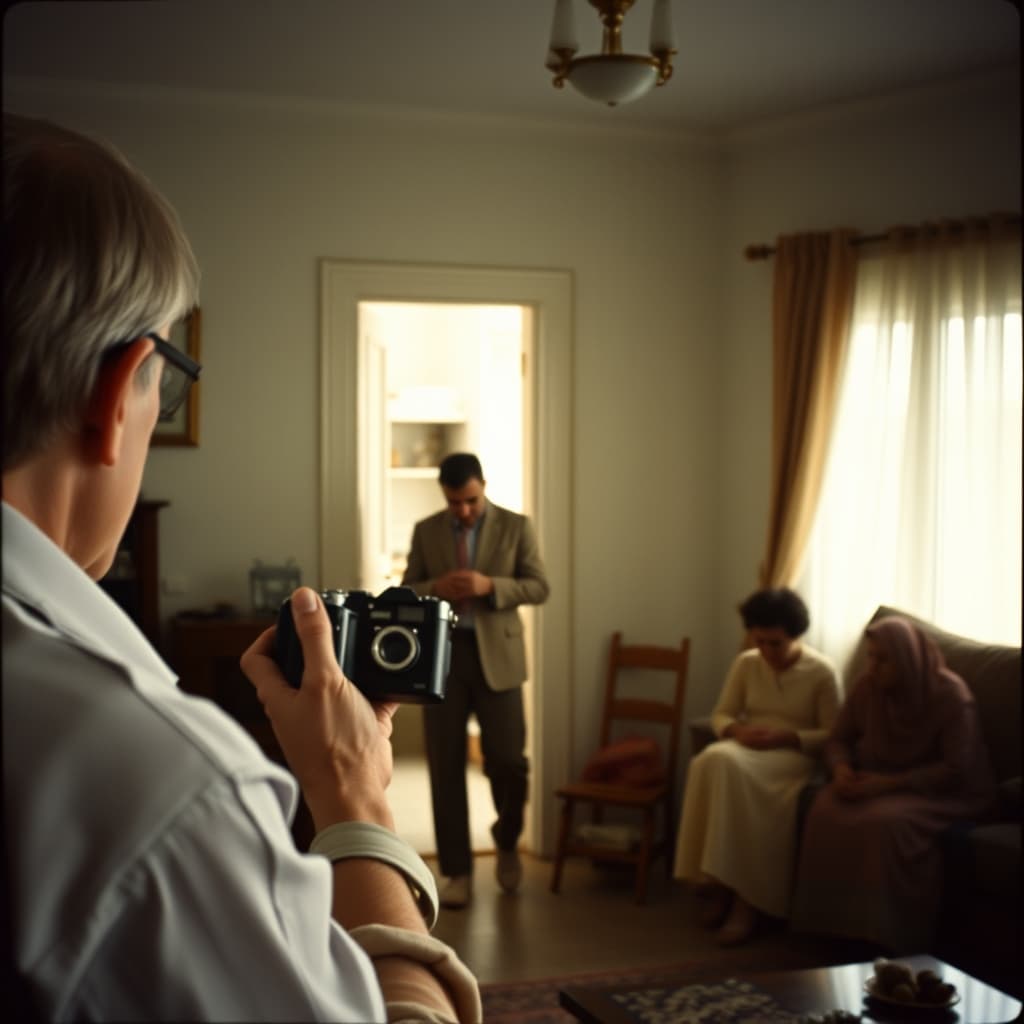 A family photographer raises a film camera as relatives arrange themselves near a living-room doorway.
