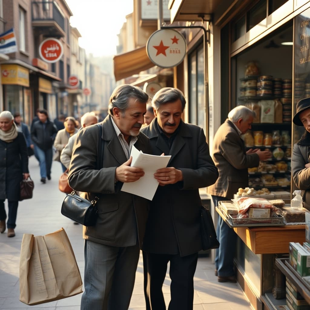 Shoppers check a list and wait with paper parcels at a neighbourhood shop before Bayram.