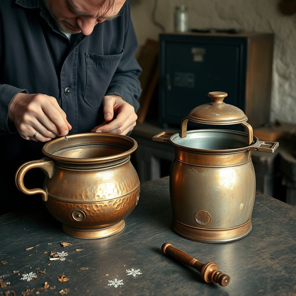 A specialist examines the tin lining and handle rivets of an old copper cezve beside a safe replica