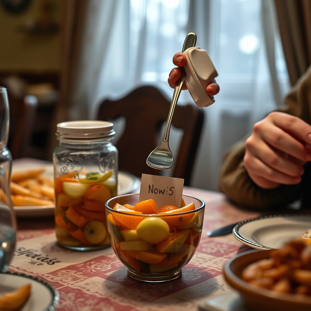 An adult transfers pickled vegetables from a glass jar to a clean serving bowl with a dedicated fork.