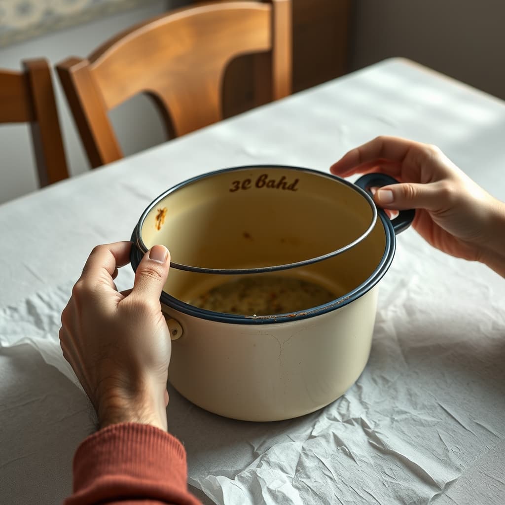 Adult hands inspect chips and a loose handle on an old enamel cooking pot resting on a kitchen table.