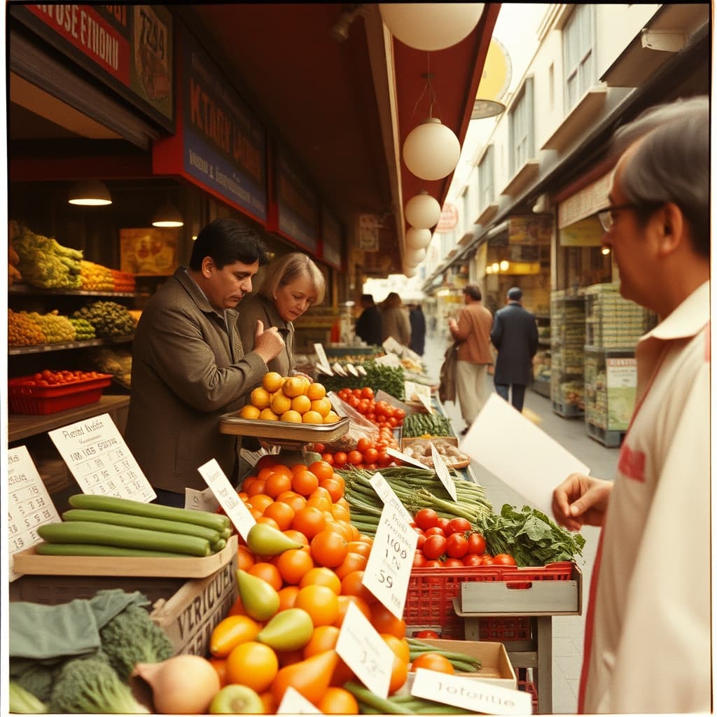 A market vendor weighs vegetables on a visible verified scale beside clear prices and a clean accessible aisle